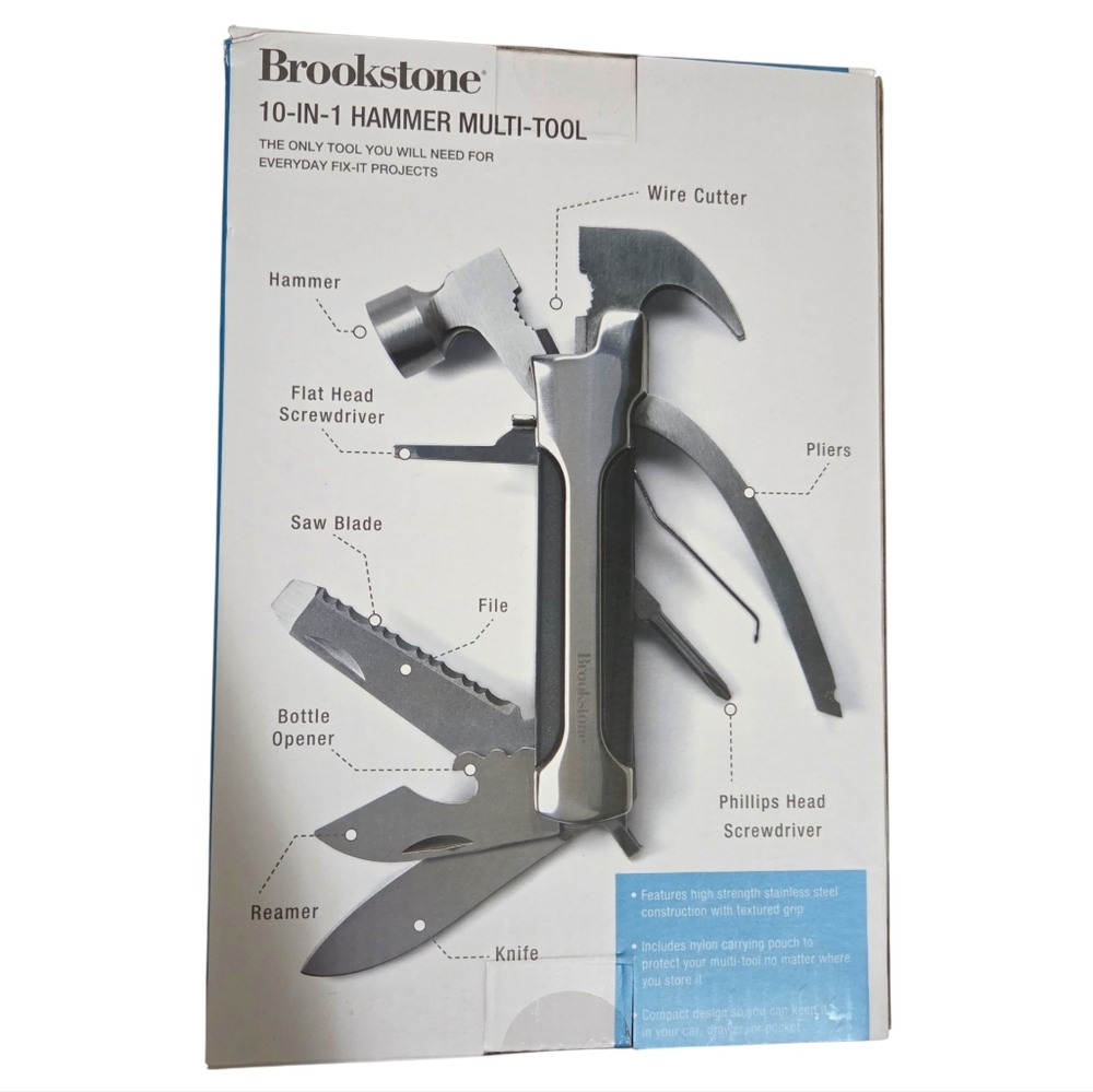 Brookstone 10 In 1 Stainless Steel Hammer Multi Tool Camping Survival Must Have - Picture 3 of 11